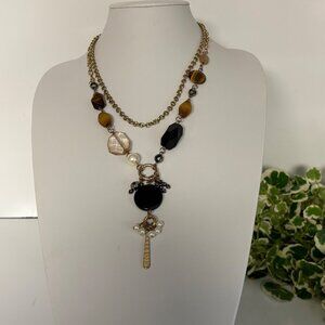 Mixed Bead Pendant Necklace Chain Layer Charms Dangles Browns Black Statement
